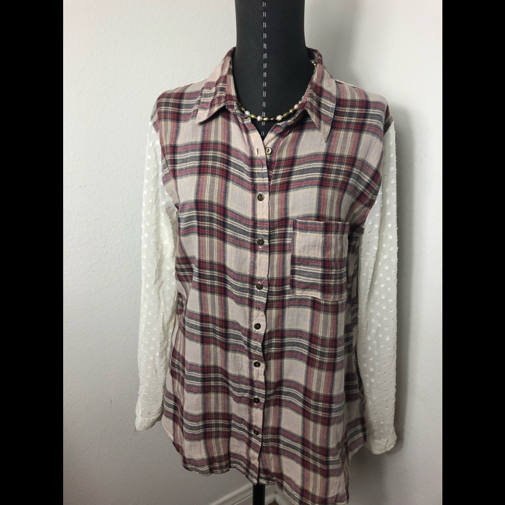 Free People Plaid Lace Button Down Shirt